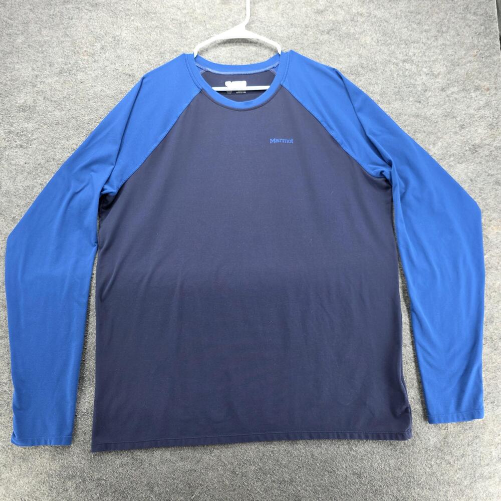 Marmot Shirt Mens 2XL Blue Long Sleeve Raglan Crew Neck Moisture Wicking Tagless